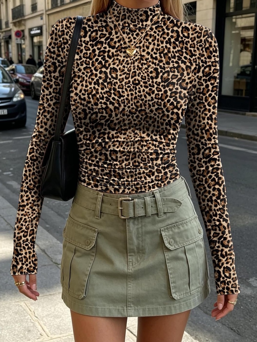 New Leopard Print Mock Neck Long Sleeve Top